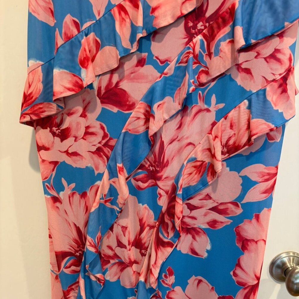 Rachel Roy dress sleeveless blue with big pink flowers, tiered ruffles (L) NWT - Picture 7 of 11
